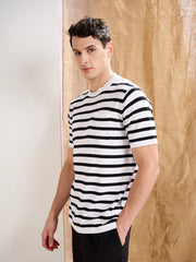 Men White & Black Stripes Premium Loose-Knit Chest Pocket T-Shirt