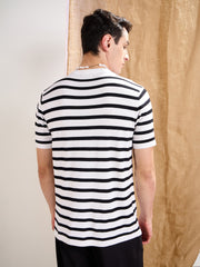 Men White & Black Stripes Premium Loose-Knit Chest Pocket T-Shirt