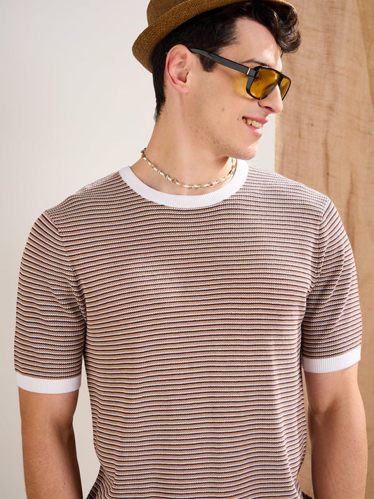 Men Beige & Brown Stripes Premium Loose-Knit T-Shirt