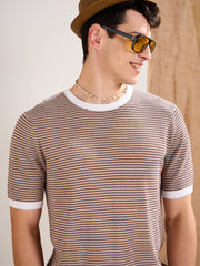 Men Beige & Brown Stripes Premium Loose-Knit T-Shirt
