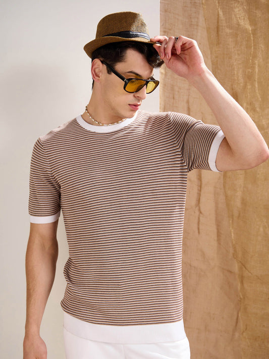 Men Beige & Brown Stripes Premium Loose-Knit T-Shirt