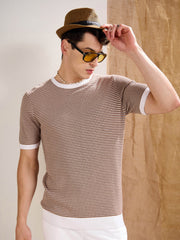 Men Beige & Brown Stripes Premium Loose-Knit T-Shirt