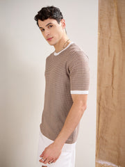Men Beige & Brown Stripes Premium Loose-Knit T-Shirt