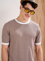 Men Beige & Brown Stripes Premium Loose-Knit T-Shirt