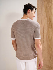 Men Beige & Brown Stripes Premium Loose-Knit T-Shirt