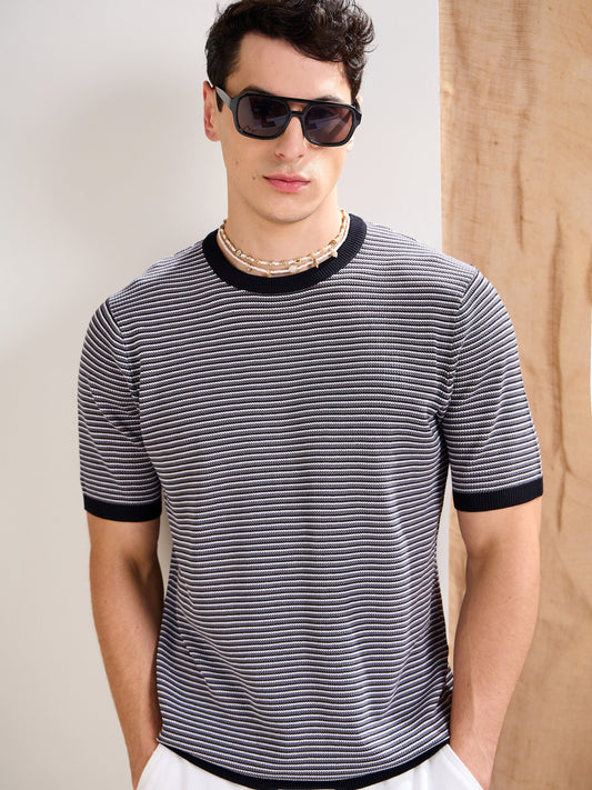 Men Black & Grey Stripes Premium Loose-Knit T-Shirt