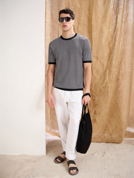 Men Black & Grey Stripes Premium Loose-Knit T-Shirt