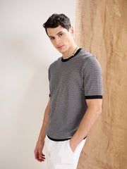 Men Black & Grey Stripes Premium Loose-Knit T-Shirt