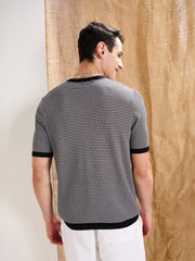 Men Black & Grey Stripes Premium Loose-Knit T-Shirt