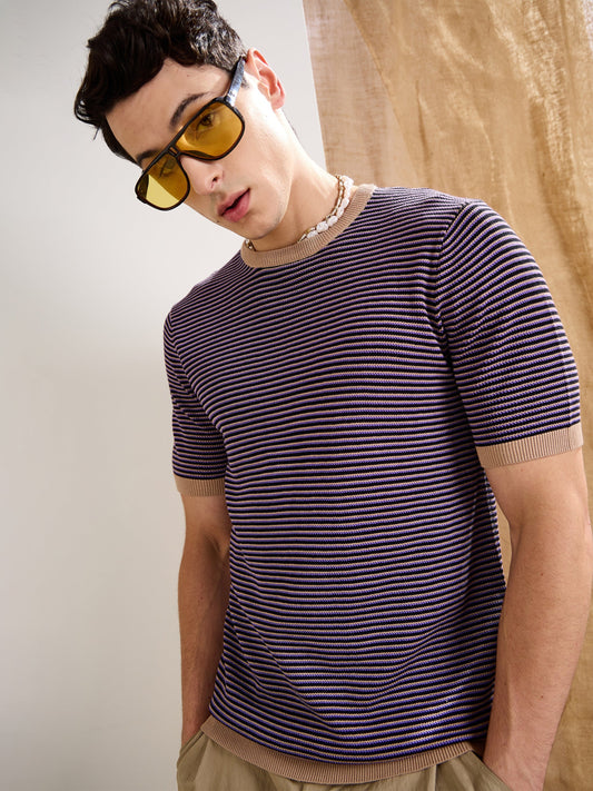 Men Purple & Black Stripes Premium Loose-Knit T-Shirt