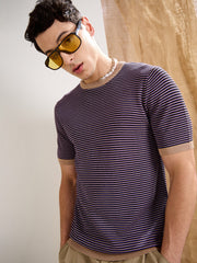 Men Purple & Black Stripes Premium Loose-Knit T-Shirt