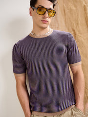 Men Purple & Black Stripes Premium Loose-Knit T-Shirt