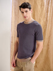Men Purple & Black Stripes Premium Loose-Knit T-Shirt