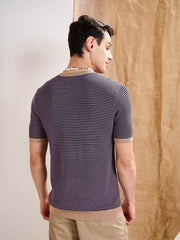 Men Purple & Black Stripes Premium Loose-Knit T-Shirt