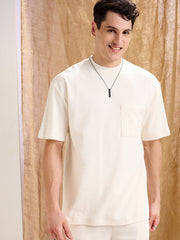 Men White Waffle Front Pocket Oversize T-Shirt