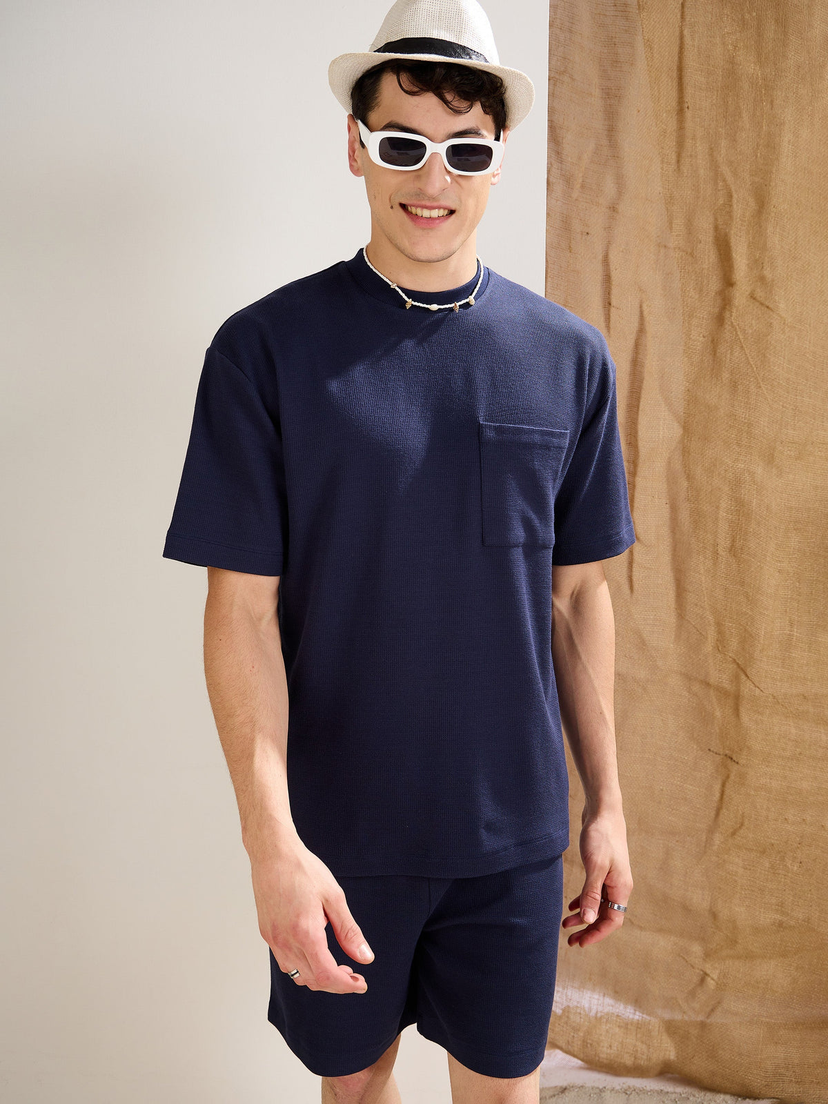 Men Navy Waffle Front Pocket Oversize T-Shirt