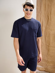 Men Navy Waffle Front Pocket Oversize T-Shirt