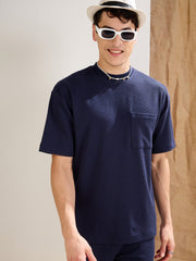 Men Navy Waffle Front Pocket Oversize T-Shirt