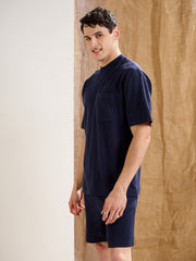 Men Navy Waffle Front Pocket Oversize T-Shirt