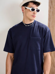 Men Navy Waffle Front Pocket Oversize T-Shirt