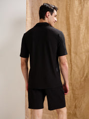 Men Black Textured Relax Fit Polo T-Shirt