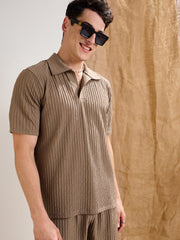 Men Beige Textured Relax Fit Polo T-Shirt