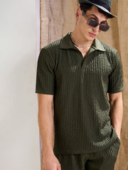 Men Olive Textured Relax Fit Polo T-Shirt