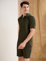 Men Olive Textured Relax Fit Polo T-Shirt