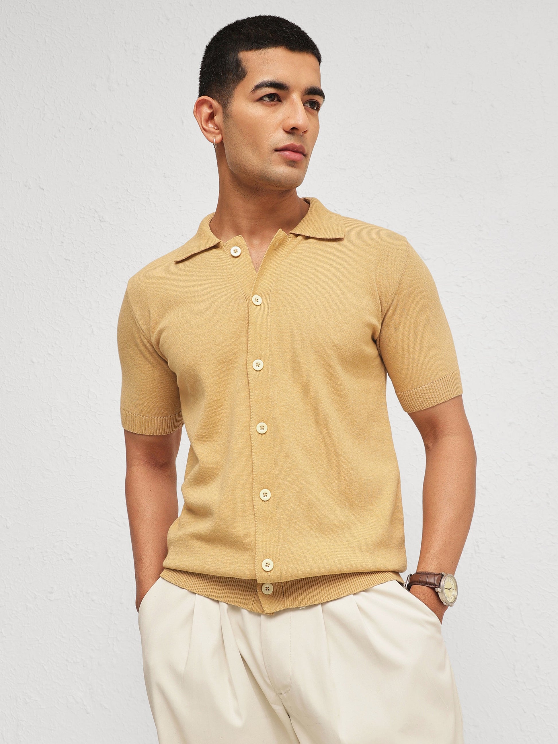 Men Beige Knitted Front Button Open T-Shirt