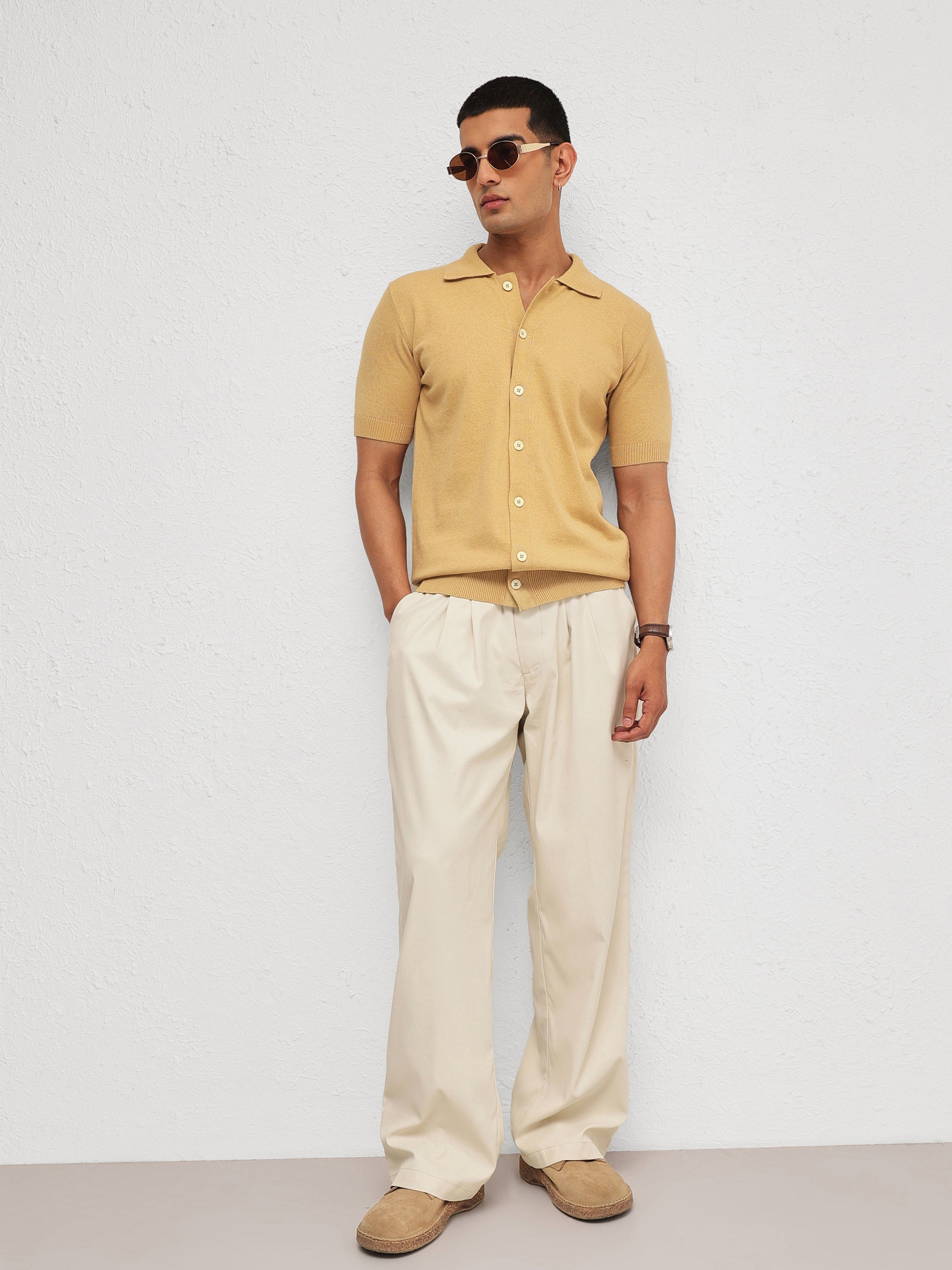 Men Beige Knitted Front Button Open T-Shirt