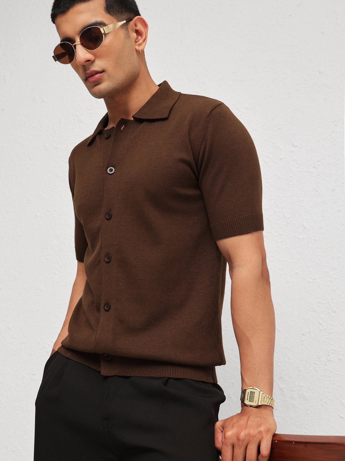 Men Brown Knitted Front Button Open T-Shirt
