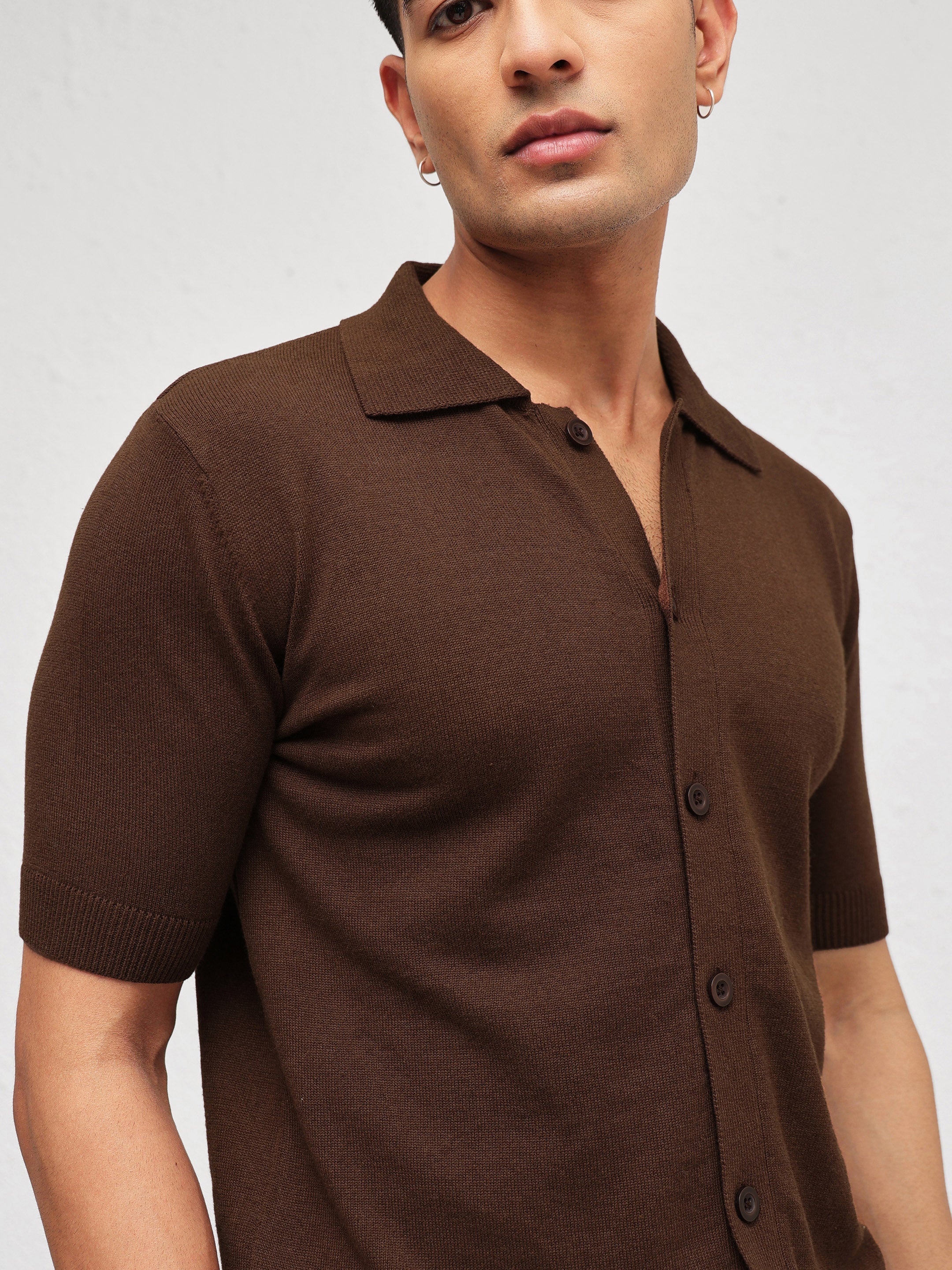 Men Brown Knitted Front Button Open T-Shirt