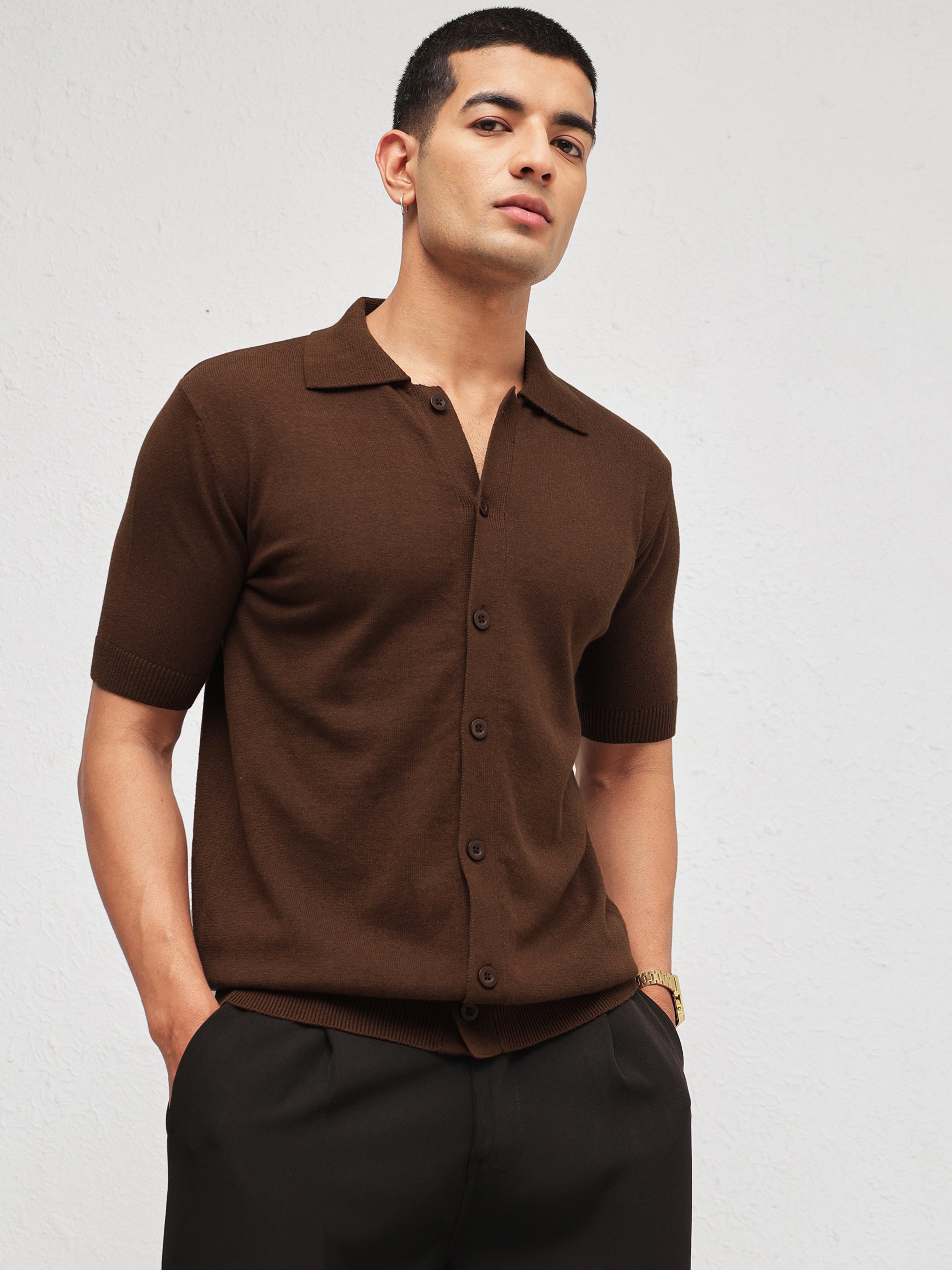 Men Brown Knitted Front Button Open T-Shirt