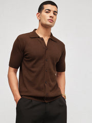 Men Brown Knitted Front Button Open T-Shirt