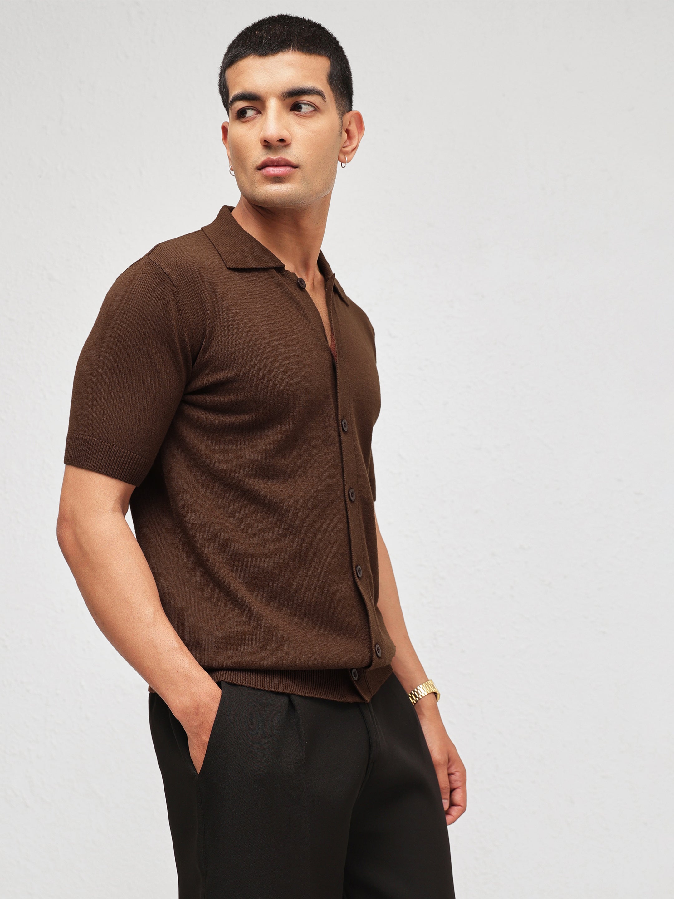 Men Brown Knitted Front Button Open T-Shirt
