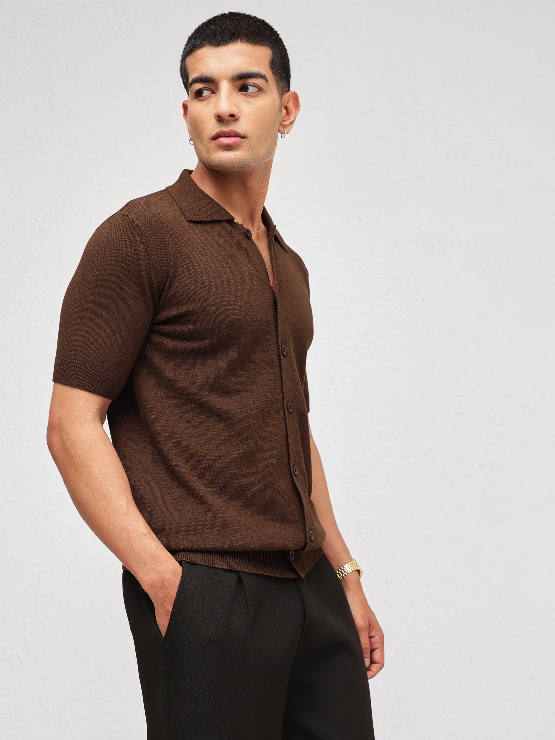 Men Brown Knitted Front Button Open T-Shirt