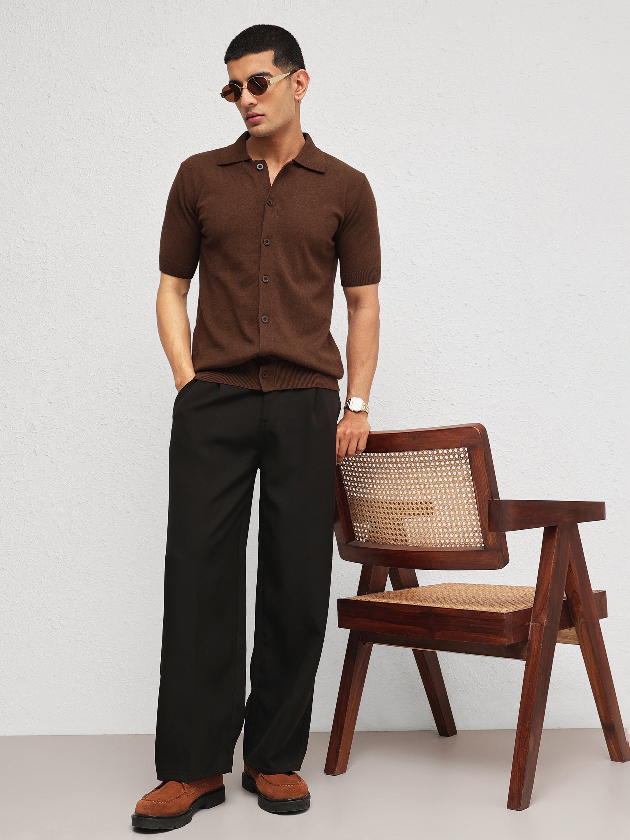 Men Brown Knitted Front Button Open T-Shirt