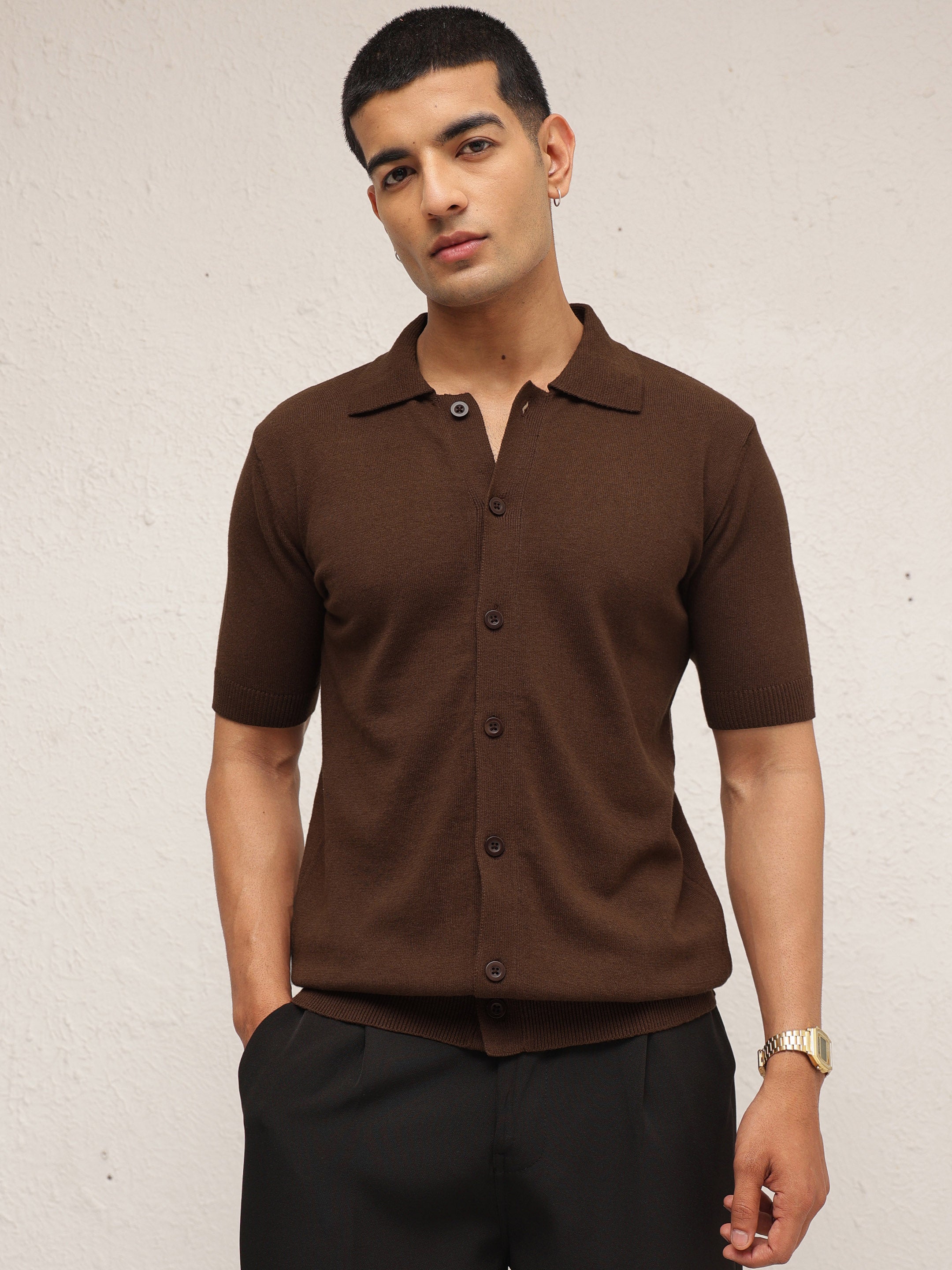 Men Brown Knitted Front Button Open T-Shirt