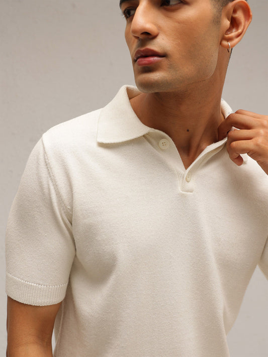 Men White Knitted Relax Fit Front Button Polo T-Shirt