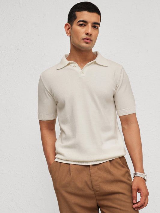 Men White Knitted Relax Fit Front Button Polo T-Shirt