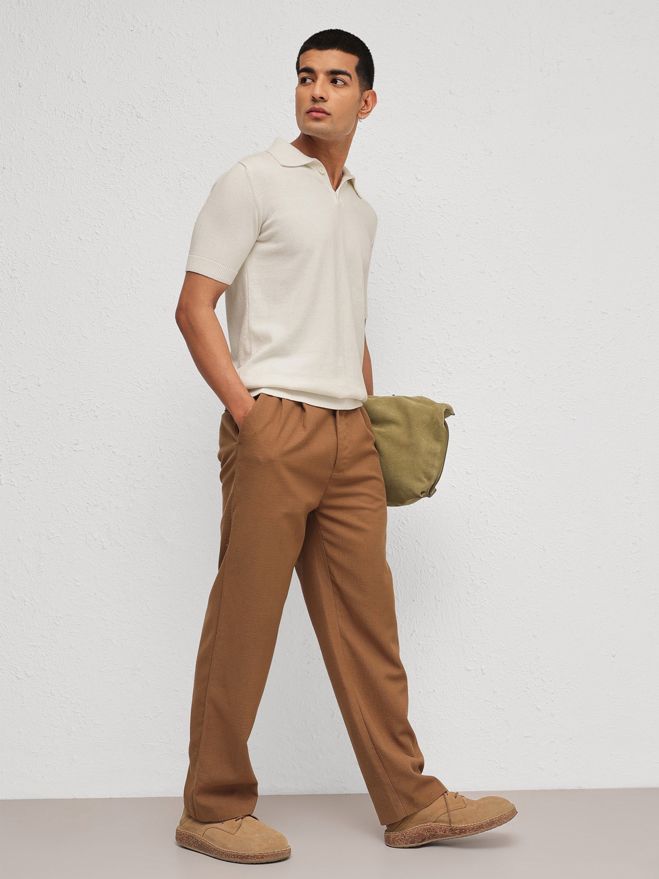 Men White Knitted Relax Fit Front Button Polo T-Shirt