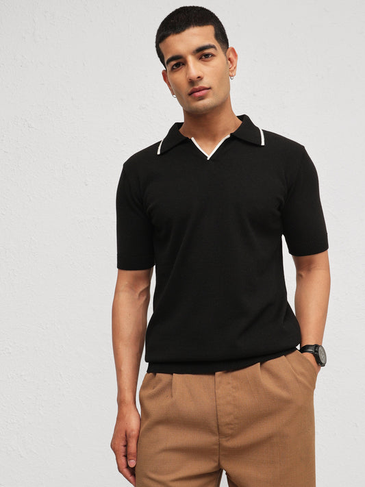 Men Black Knitted Relax Fit Polo T-Shirt