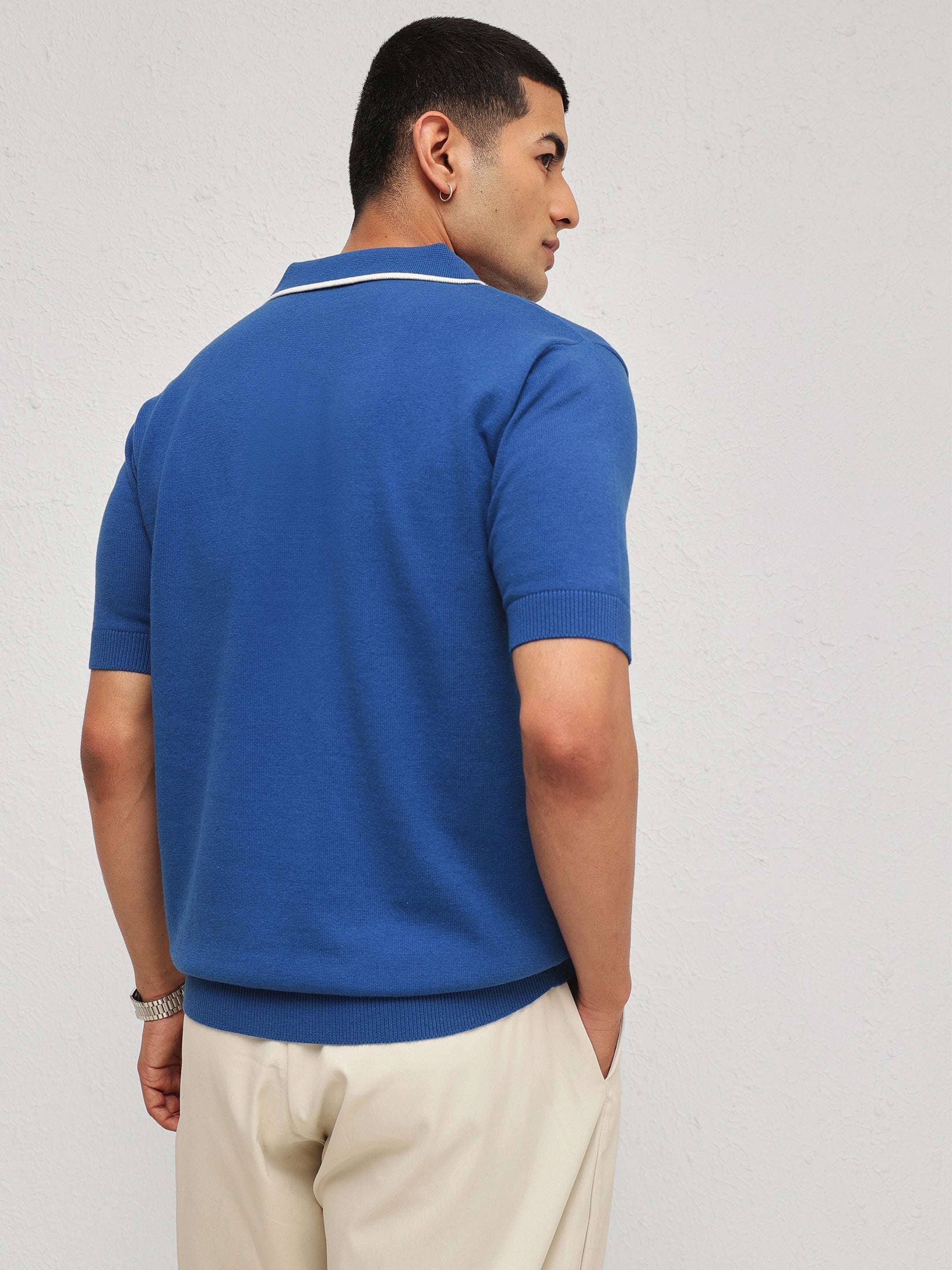Men Blue Knitted Relax Fit Polo T-Shirt