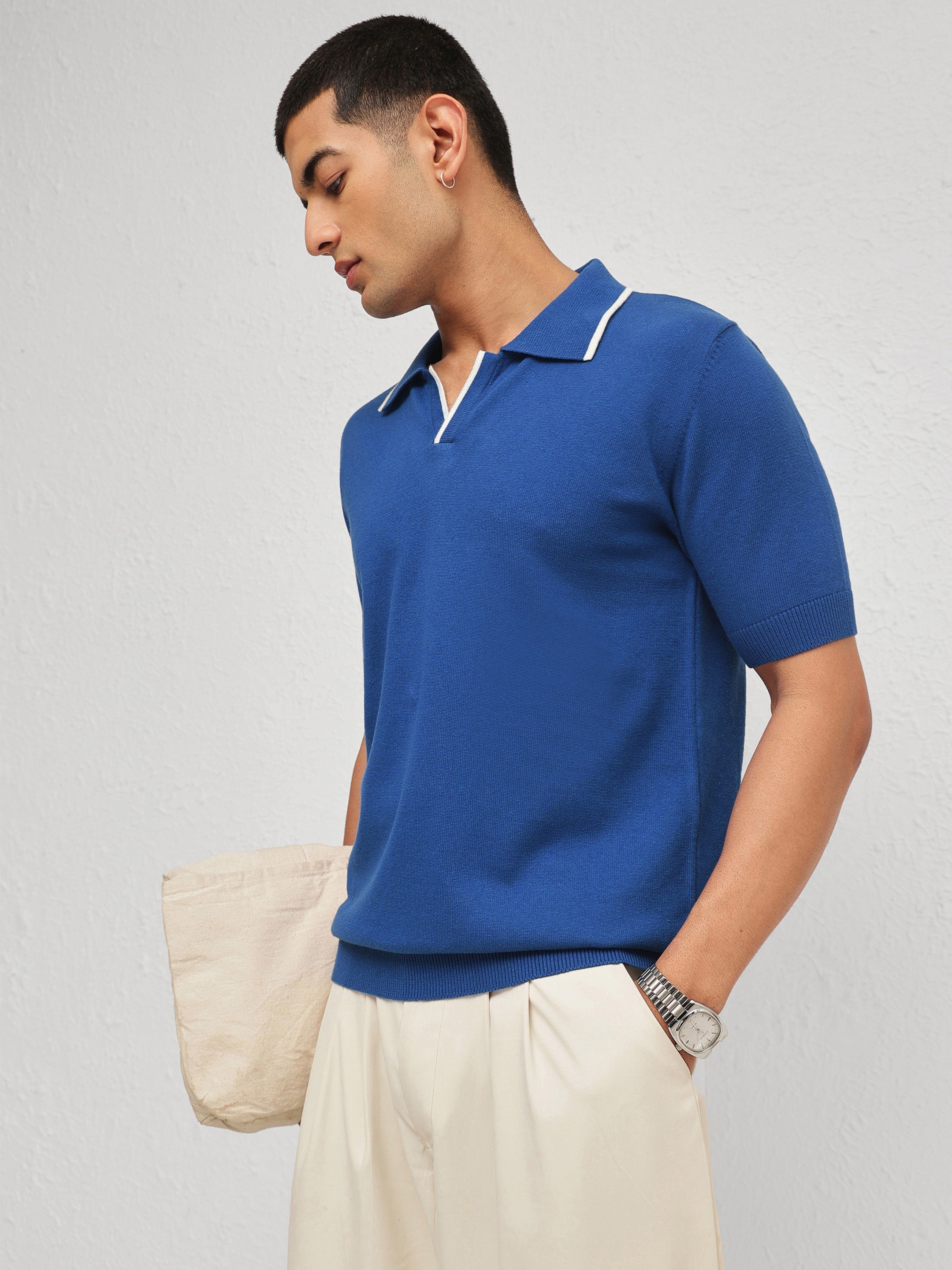 Men Blue Knitted Relax Fit Polo T-Shirt