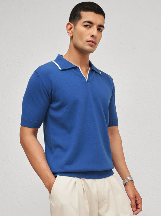 Men Blue Knitted Relax Fit Polo T-Shirt