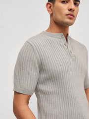 Men Grey Rib Relax Fit Henley T-Shirt