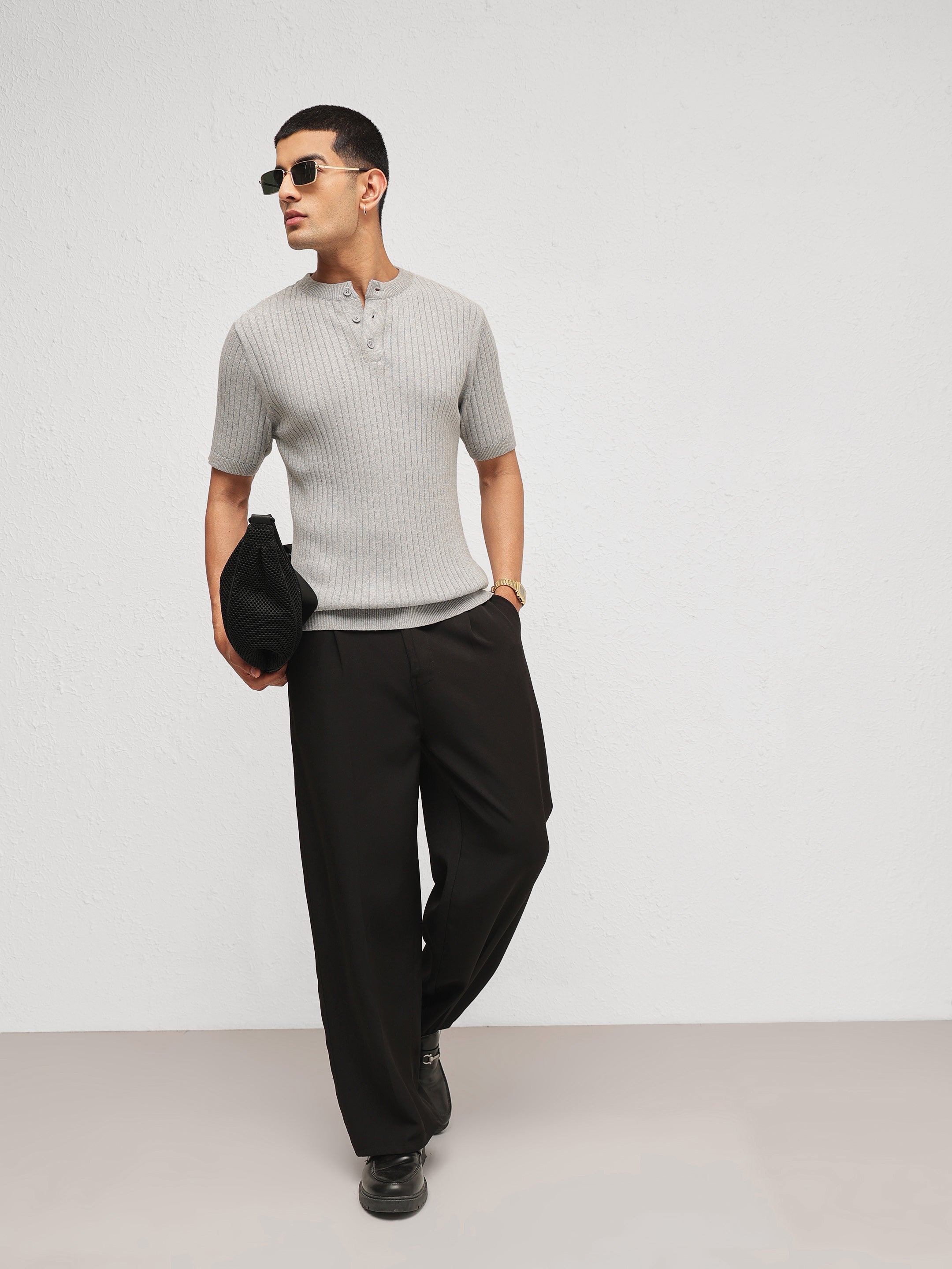 Men Grey Rib Relax Fit Henley T-Shirt