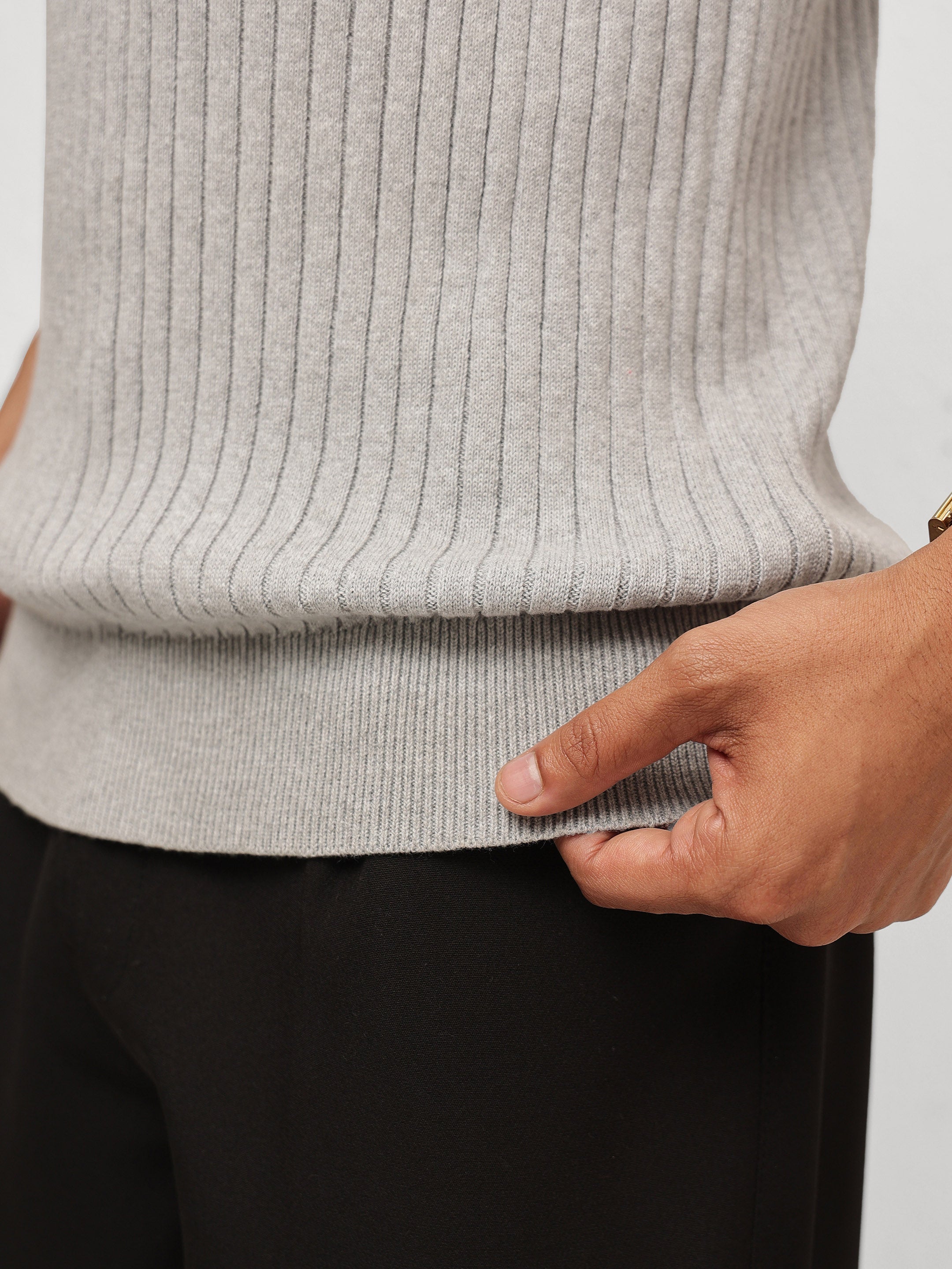 Men Grey Rib Relax Fit Henley T-Shirt