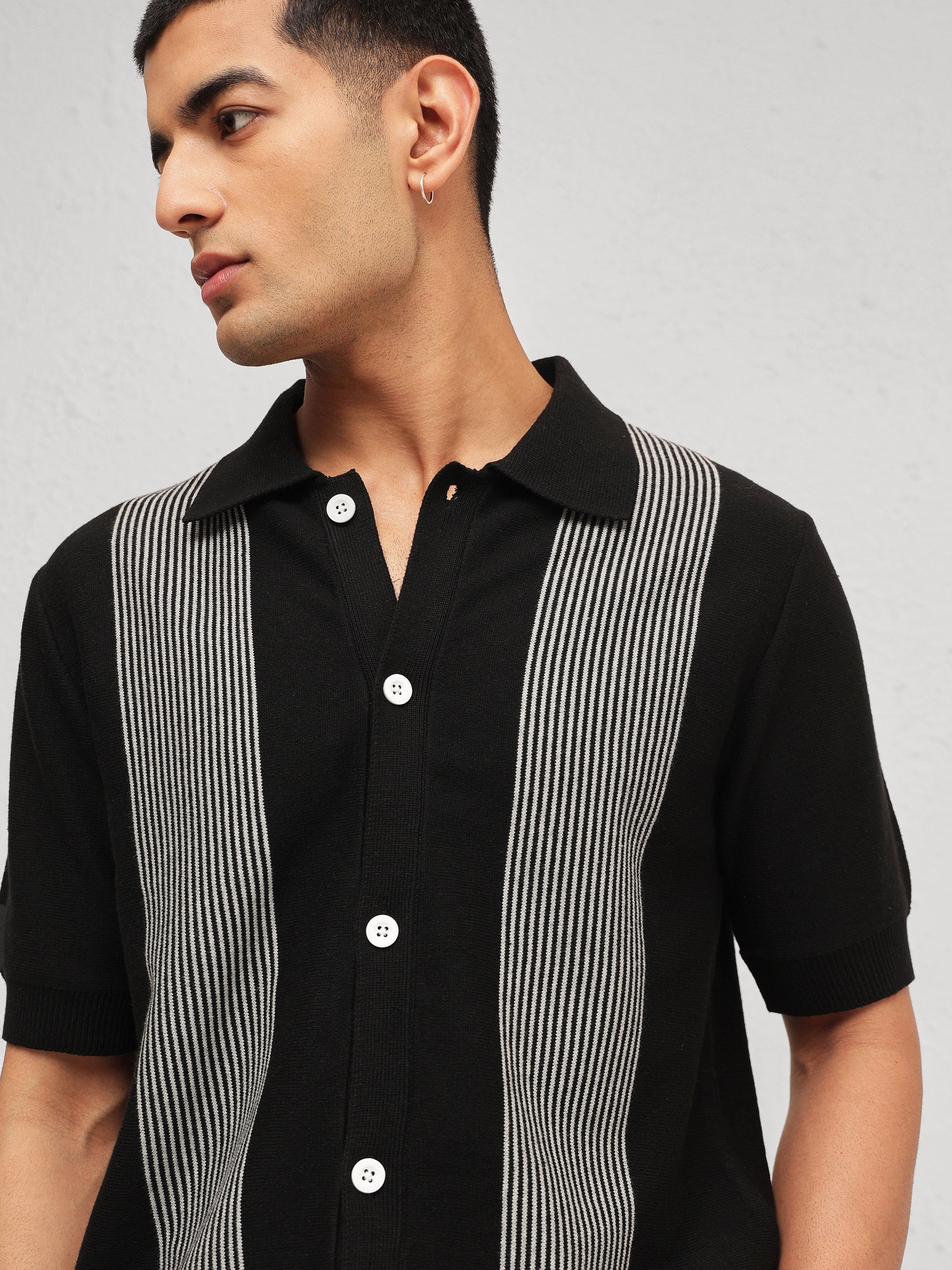 Men Black & Grey Front Button Open T-Shirt