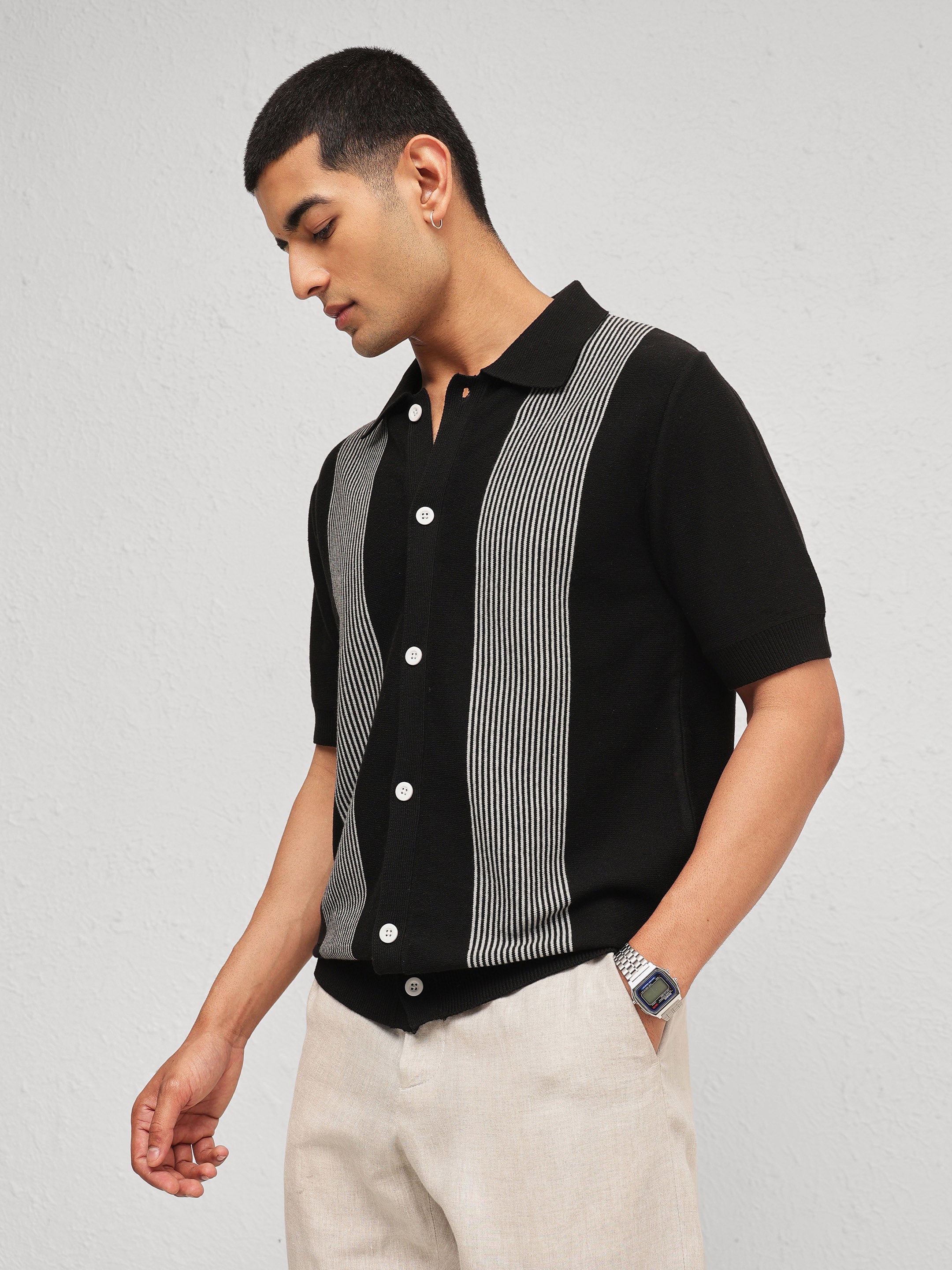 Men Black & Grey Front Button Open T-Shirt